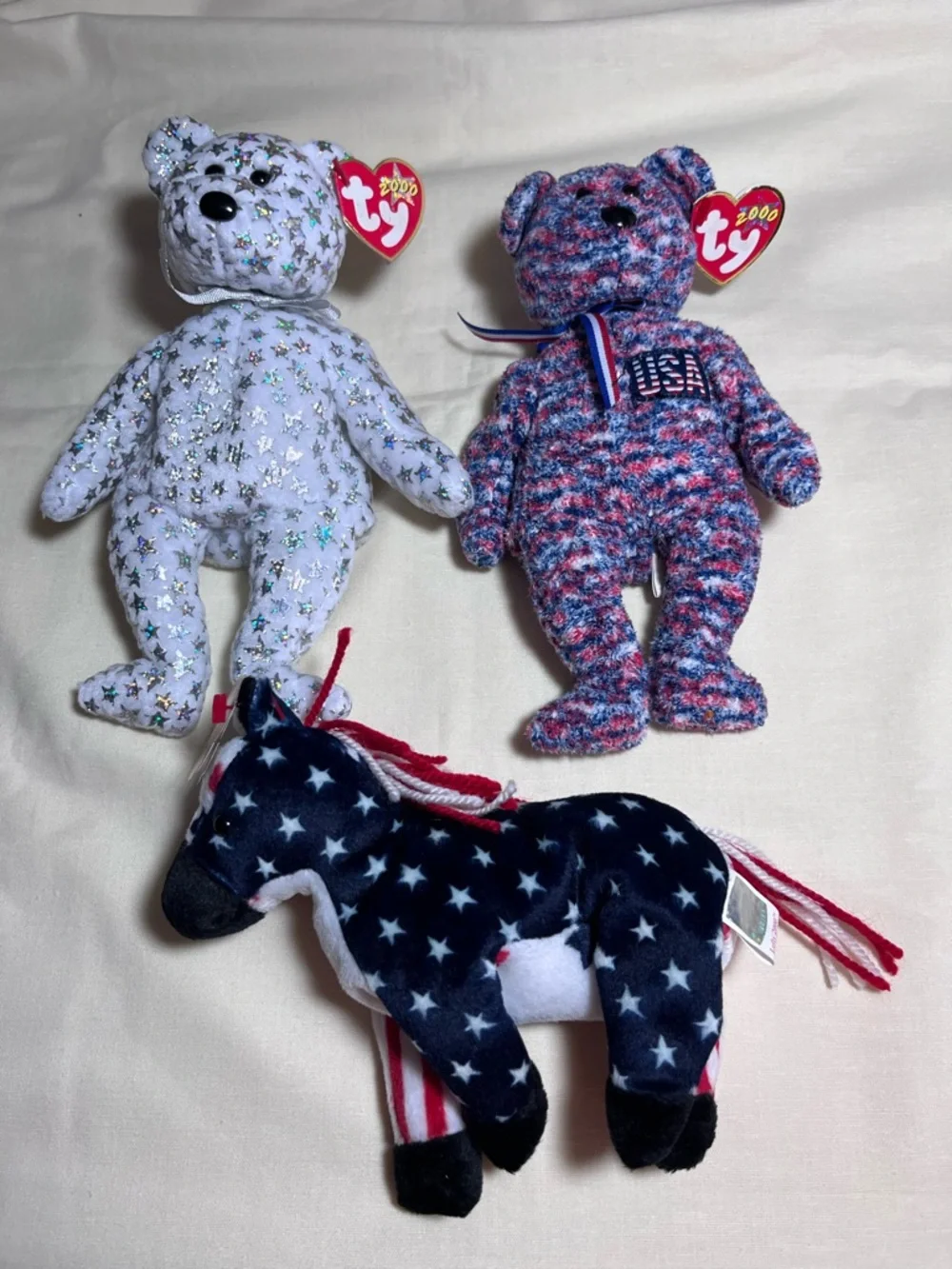 Ty Patriotic Star Bear Trio Plush Set - White, Red, Blue Beanie Baby